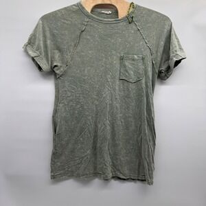 New In Women's Green Mineral Wash Pocket T-Shirt Raglan Short‎ Sleeve